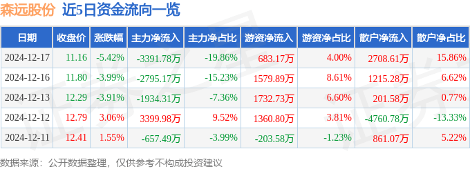 股票行情快报：森远股份（300210）12月17日主力资金净卖出3391.78万元