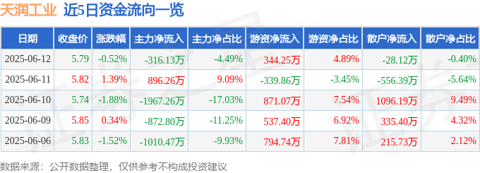 股票行情快报：天润工业（002283）6月12日主力资金净卖出316.13万元