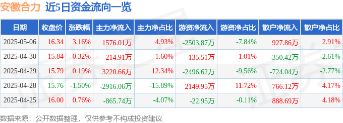 股票行情快报：安徽合力（600761）5月6日主力资金净买入1576.01万元