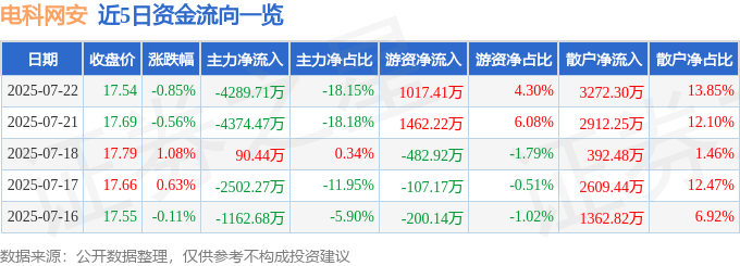 股票行情快报:电科网安(002268)7月22日主力资金净卖出4289.71万元