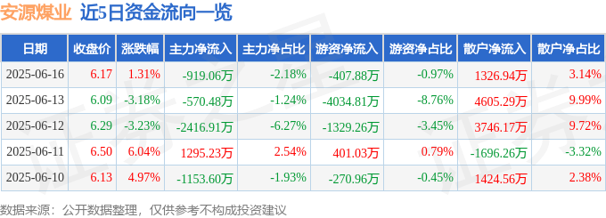 股票行情快报：安源煤业（600397）6月16日主力资金净卖出919.06万元