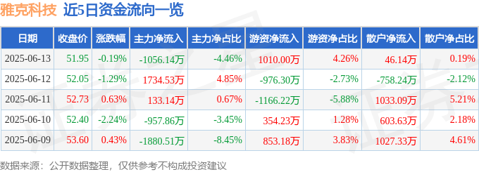 股票行情快报：雅克科技（002409）6月13日主力资金净卖出1056.14万元