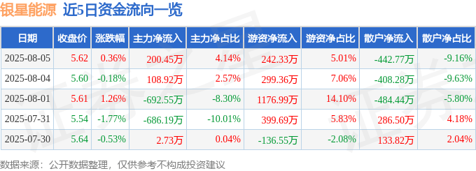 股票行情快报：银星能源（000862）8月5日主力资金净买入200.45万元