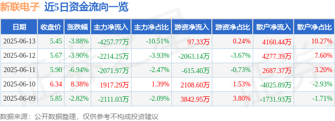 股票行情快报：新联电子（002546）6月13日主力资金净卖出4257.77万元