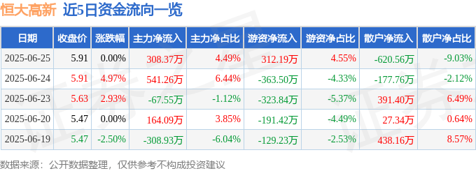 股票行情快报：恒大高新（002591）6月25日主力资金净买入308.37万元