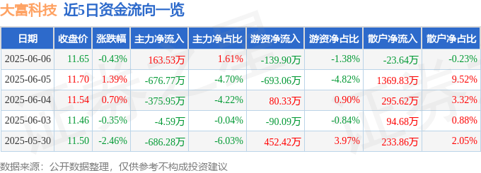 股票行情快报：大富科技（300134）6月6日主力资金净买入163.53万元